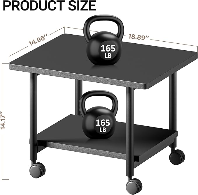 Under Desk Printer Stand - 2-Tier Industrial Mobile Printer Table with Storage Shelf, Heavy Duty Wood Rolling Printer Cart with Wheels for Home and Office,Classic Black
