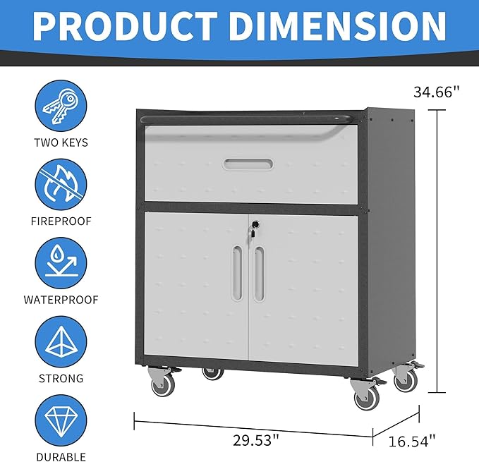Metal Storage Cabinet with Wheels, Rolling Tool Cabinet with Adjustable Shelve, Locking Garage Storage Cabinet with 1 Drawer and 2 Doors for Tools, Assembly Required (Black/Grey)