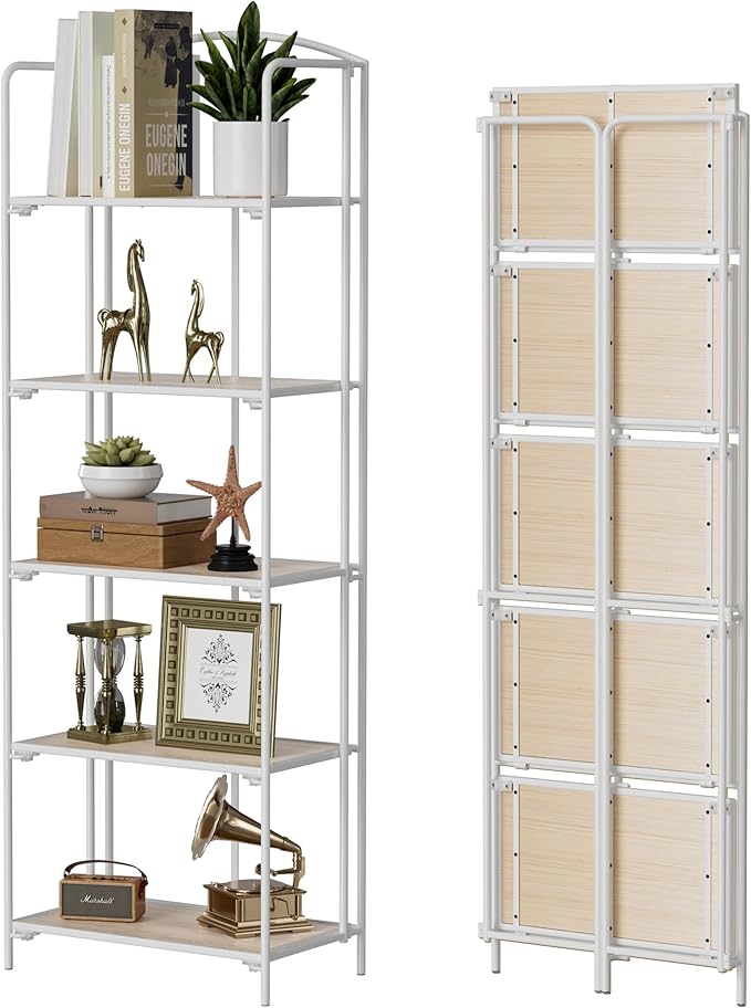 Crofy No Assembly Folding Bookshelf for Living Room, 5 Tier White Collapsible Book Shelf for Home Office, Portable Bookcase Storage Organizer