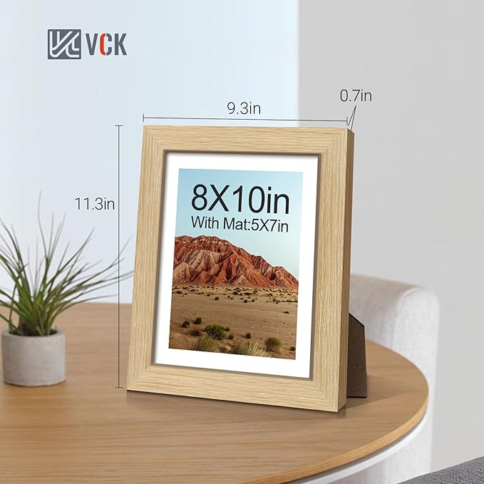 VCK 8x10 Picture Frame 2 Pack - Natural Oak, High-End Wood Poster Frames with Tempered Glass, Display 5x7 Photo with Mat or 8x10 without Mat, Art Gallery-Quality, Wall Hanging/Tabletop, Natural Oak