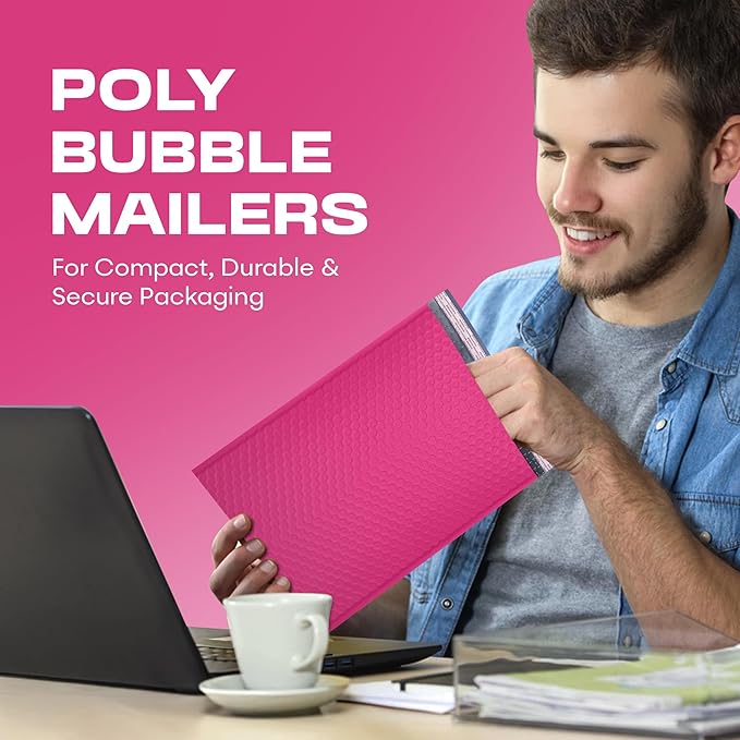 Hot Pink10.5x16 Inch Large Poly Bubble Mailers #5 | Padded Envelopes with Self Seal | Air Lined Cushioned Bubble Mailer | Usable Size 10.5x15 | 100 Pack Bulk | Lightweight shipping Bags