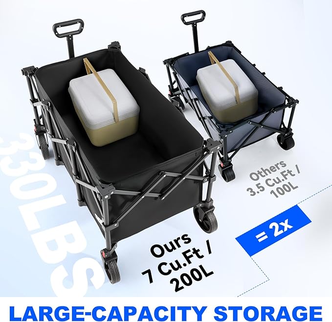 200L Collapsible Foldable Wagon, Large Heavy Duty Wagon Cart with 440lbs Weight Capacity, Folding Utility Wagon with Brake for Camping, Garden, Sports, Picnic, Shopping (Black)