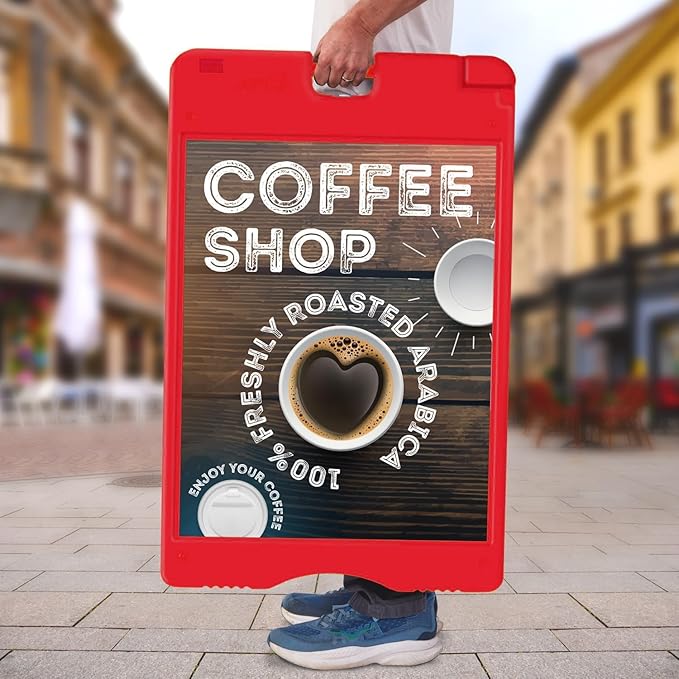 Jumbl A-Frame Signboard 22” x 28” Display Surface – Large Outdoor Sandwich Board w/Weather Resistant PVC Sign Protector & Sand Fill Holes – Dual Signage Stand for Storefront Sidewalk Curb (Red)