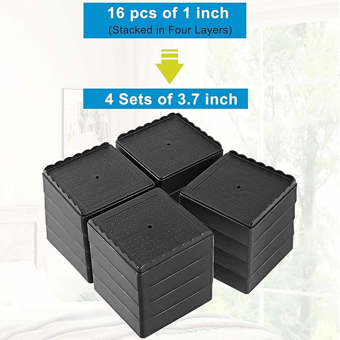 Bed Risers 1 inch, 2 inch, 3 inch, 4 inch Heavy Duty, Adjustable Furniture Riser for Table Desk Couch Sofa Chair Recliner Leg Frame Dorm, Stackable Bed Raisers Blocks (Black 4 Pack, 1+1+1+1 inch)