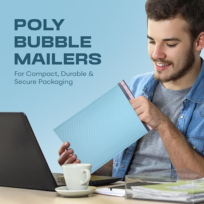 Light Blue 10x13 Inch Poly Bubble Mailers |Self Seal Padded Envelopes for Thick books | Cushioned Bubble Mailer | Usable Size 9.5x13 Inch | Waterproof Lightweight Mailing Shipping Bags | 200 Pack Bulk