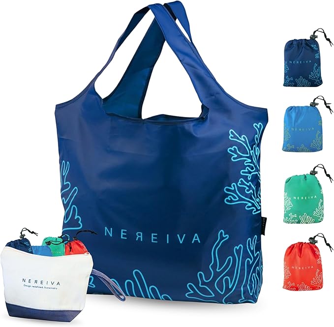 4 Pack Foldable Grocery Bags into Tiny Pouch - Large Capacity Multi-Color, Great for Travel, Durable, Washable Packable Shopping Bag, Comes with a carry pouch, Lightweight