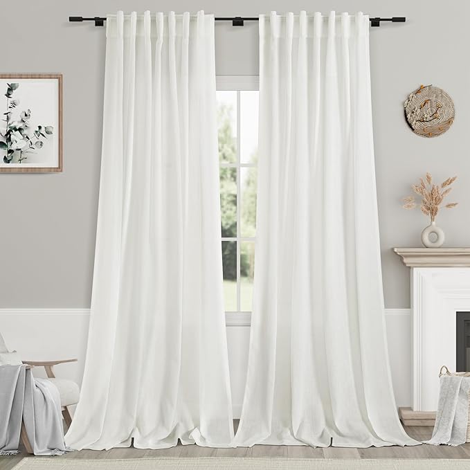 Nanspring Ivory Linen Curtains for Living Room 2 Panels Set Extra Long Back Tab Light Filtering Semi Sheer Curtain Drapes for Bedroom Neutral Farmhouse Ceiling to Floor for Large Window 52x100