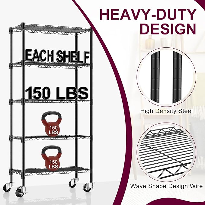 3 Pack 5-Tier Metal Wire Shelving Unit with Wheels & Feet, 14" D x 30" W x 60" H,750 lbs Capacity Adjustable Heavy Duty Steel Wire Rack Storage Shelves for Kitchen, Garage, Pantry