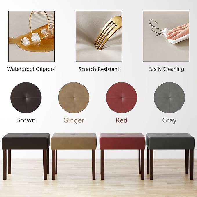 Leather Vanity Stool, 18.7 Inch Wide Rectangle Ottoman Bench for Makeup Room, Vanity Chair with Wood Legs for Piano Room, Bedroom,Living Room with Customizable (Cherry)