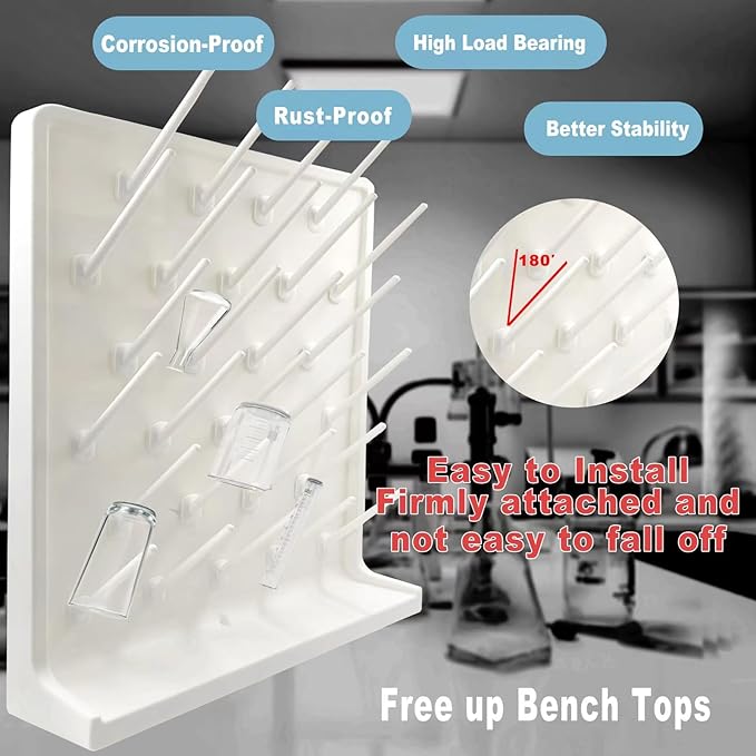 Lab Drying Rack 27 Pegs Laboratory Cabinets Glass Drying Racks Wall-Mount White Cleaning Frame for School Laboratory Utensils Hidden Installation