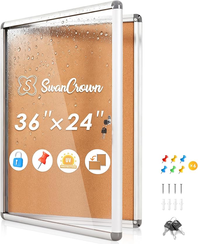 SWANCROWN Enclosed Bulletin Cork Board 36x24 in, Lockable Bulletin Board Tamperproof Wall Display Case for Office School Trade Community, Aluminum Frame