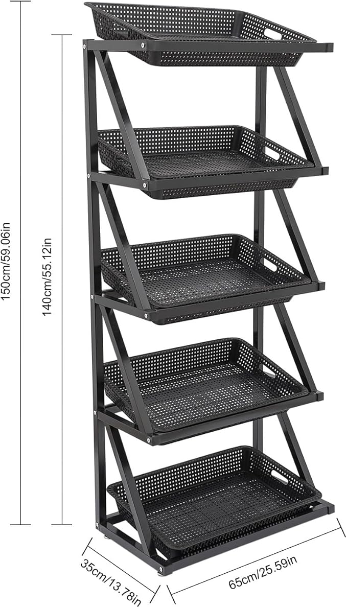 5 Tiers Retail Display Rack, Single Row Commercial Market Shelf Fruit and Vegetable Basket Stand Rack Set Snack Pantry Shelf Unit for Kitchen, Office, Store