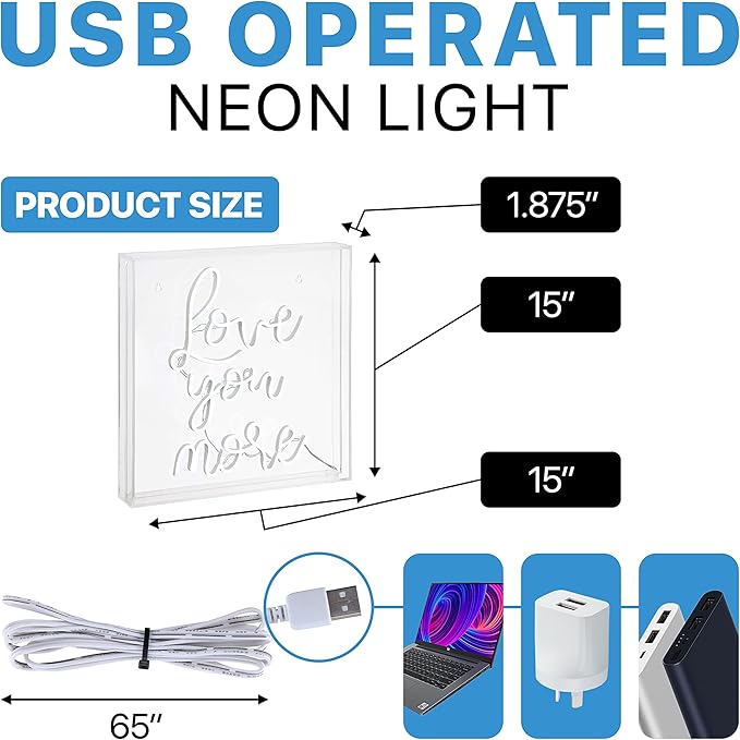 JONATHAN Y NEN1015A 15" Love You More Neon Sign, Modern White LED Light in Acrylic Box for Wall Decor, USB Powered Tabletop Lighted Sign for Bedroom, Living Room, Dorm Room, Romantic Wall Art
