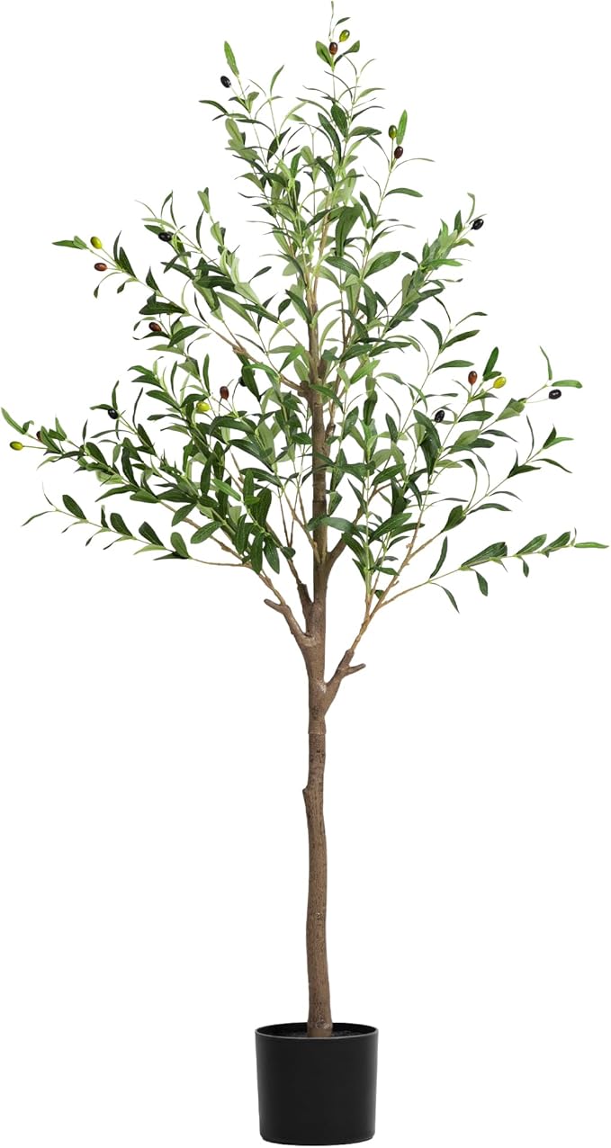 2 Pack Artificial Olive Tree 5FT, Tall Faux Olive Trees for Indoor Outdoor, Realistic Potted Plant Natural Wood Trunk, Leaves and Fruits for Home Office Decor (2, 5FT)