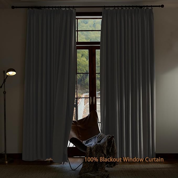 Textured Linen Pencil Pleated 100% Blackout Curtains for Bedroom/Living Room Blackout Curtains 120 Inches Long, Energy Saving Window Treatment Curtains,100Wx120Lx2,White Beige
