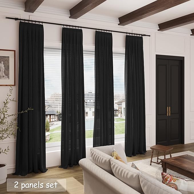 Black Sheer Linen Curtains 90 inch Length for Bedroom Back Tab Rod Pocket Modern Farmhouse Muslin Look Cotton Textured Black Window Curtains 90 inches Long for Dining Room Living Office 2 Panels