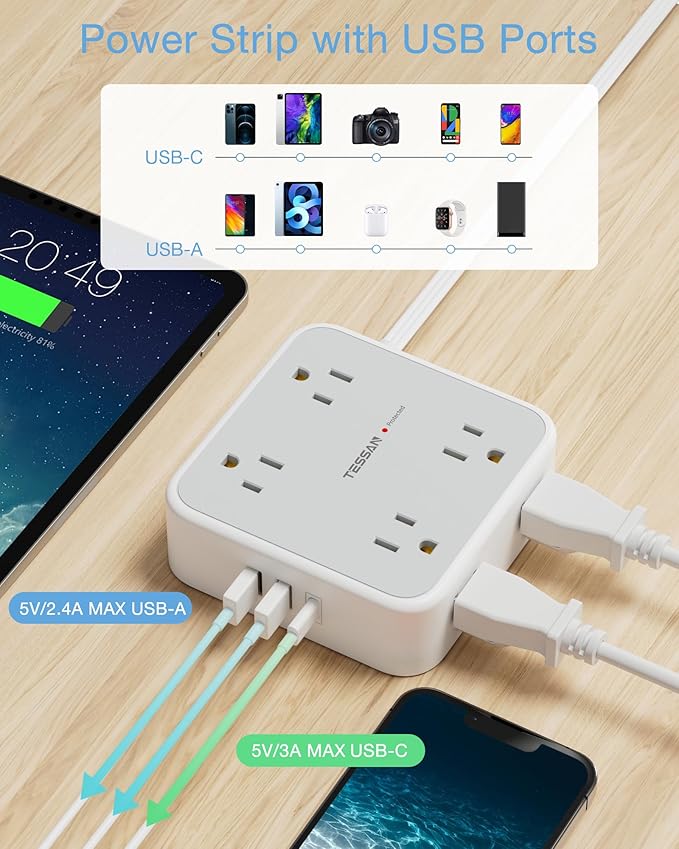 TESSAN 10 Ft Surge Protector Power Strip, 3 USB(1 USB C) 8 Outlets, Flat Plug Extension Cord with Multiple Outlets, 900J Protection, Desk Charging Station for Home, Dorm Room Essentials, Grey