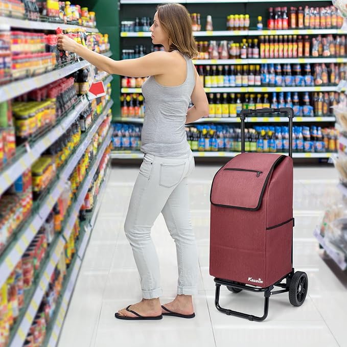 KEDSUM 2 in 1 Shopping Cart for Groceries, 330 lbs Grocery Cart on Wheels, Foldable Utility Carts with Wheels, Load-Bearing Hand Truck with Waterproof Bag for Shopping, Camping, Laundry, Garden, Red