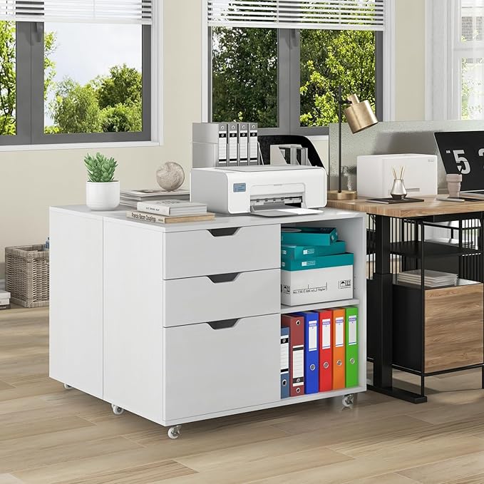 LOKO 3-Drawer File Cabinet, Mobile Printer Stand Cabinet with Adjustable Shelf, Rolling Lateral Filing Cabinet with Wheels for Letter, A4, Legal Size, for Home Office Organization (White)