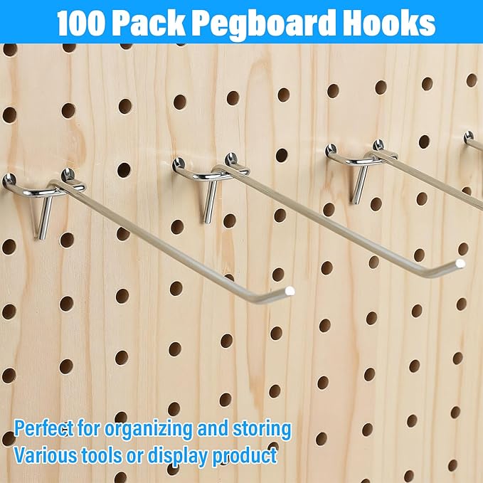 100 Pack Peg Board Hooks Silver 6 Inch Iron Pegboard Organizer Hook, Metal Peg Shelf Hooks for Pegboard 1/8 and 1/4 for Garage, Office,Kitchen, Store