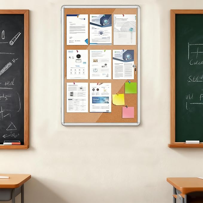 36"x24" Enclosed Cork Bulletin Board with Locking Door, Tamper-Proof Dispaly Case, Aluminium Frame, Outdoor Bulletin Board Weatherproof, Lockable Cork noticeboard for School,Office,etc