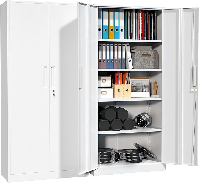 Superday Metal Garage Storage Cabinet with Lock, 71" H Lockable Storage Cabinets with Doors and 4 Adjustable Shelves, Locking Cabinet for Office, Home, Garage, Gym, School (White)