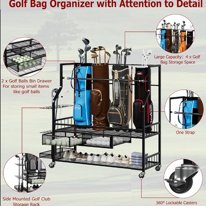 PeakPursuit Golf Bag Organizer and Storage Rack Stand Holder Fits Golf Club Bags and Multiple Golfing Equipment Accessories, Storage Rack with Drawers and Wheels for Indoor/Outdoor Garage, Clubs