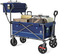 EVER ADVANCED Collapsible Push & Pull Shopping Cart with Wheels & Brakes, Foldable Wagon for Groceries with Practical Basket, Side Pockets & Cup Holders, Beach Utility Rolling Cart for Camping, Blue