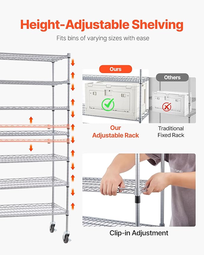 VEVOR 7-Tier Rolling Bin Storage Rack, 24 Small Bins, Bin Rack Storage Steel Wire Shelving System with Wheels, Mobile Tool Organizer for Garage, Warehouse, Office, Restaurant, Classroom, Kitchen