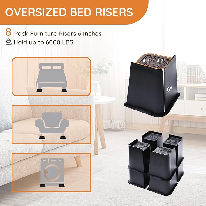 Bed Risers, Oversized Furniture Risers, 6 inch Raise Blocks for Bed Couch Desk Sofa Table Lifts, Furniture Legs Lifters Support up to 6000 Lbs (Black, 8 Pack Set)