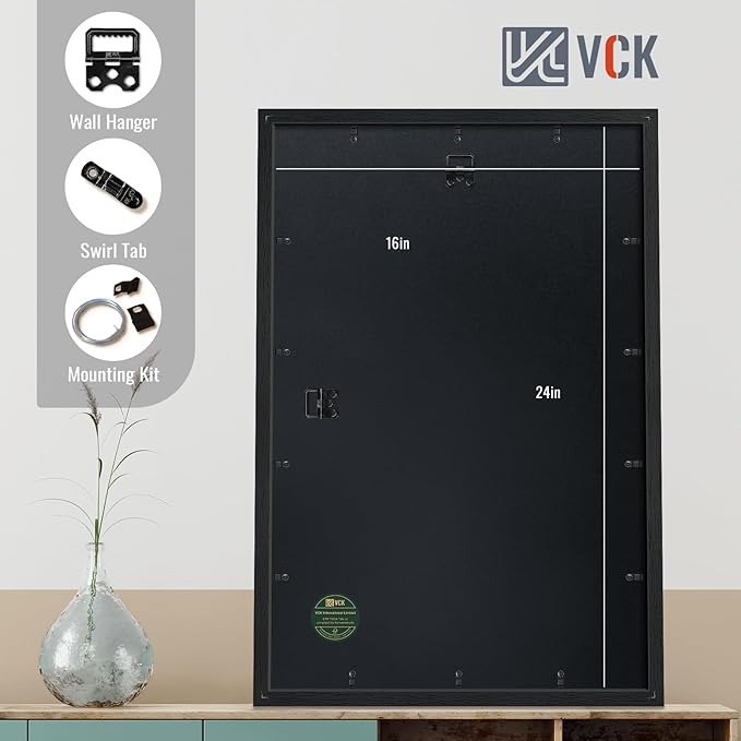 VCK 16x24 Poster Frame Black 2 Pack - with Mat 12x18, Textured Exclusive Solid Wood Picture Frame, Wall Mounting Hanging