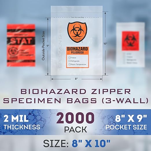 APQ Biohazard Specimen Bags - 8 x 10 Inch Clear Zipper - Pack of 2000, 3MIL Polyethylene Transport Bag