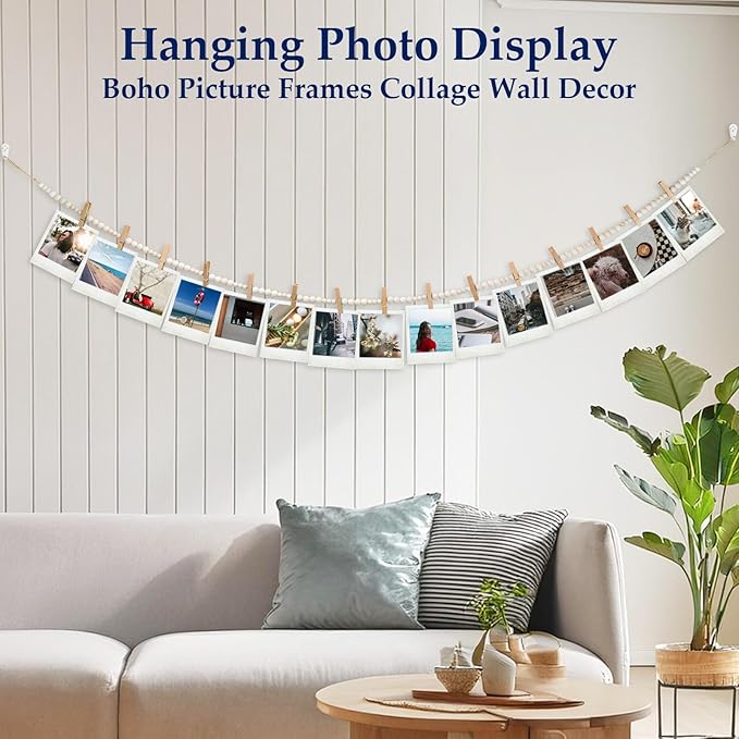 Hanging Photo Display Wall Decor with 45 Wood Clips, YuanDe 67 Inches Boho Wooden Bead Garland Collage Picture Frame Photos String DIY, Photo Hanger for Bedroom Office Dorm Room Decor Gifts(3PCS)