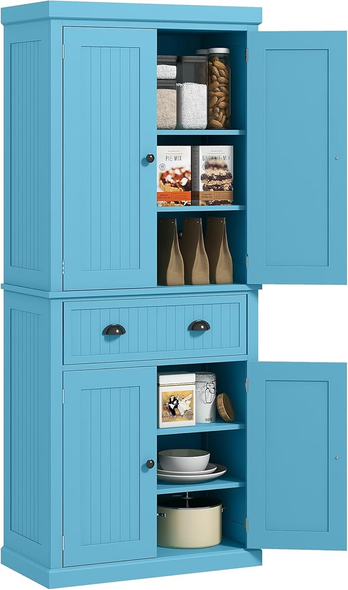 HOMCOM 72" Traditional Kitchen Pantry Cabinet, Freestanding Tall Storage Cabinet with 4 Doors, Drawer and 3 Adjustable Shelves for Dining Room, Dark Blue