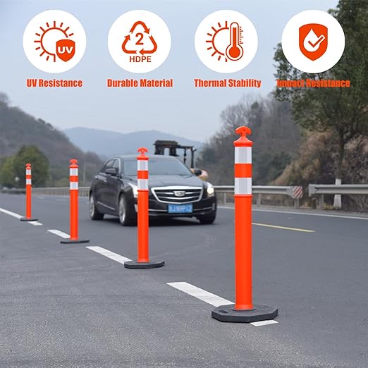 Traffic Delineator Post Cones with Heavy-Duty Octagonal Rubber Base, Channelizer Post Kit for Road Construction Work, Traffic Guidance, Garage Parking, Crowd Control (6, 42")