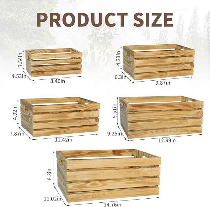 5 Pcs Decorative Wood Crates for Display, 5 Size Large Farmhouse Wooden Basket for Storage Container and Decorations, Rustic Nesting Crates Decor Boxes with Handle