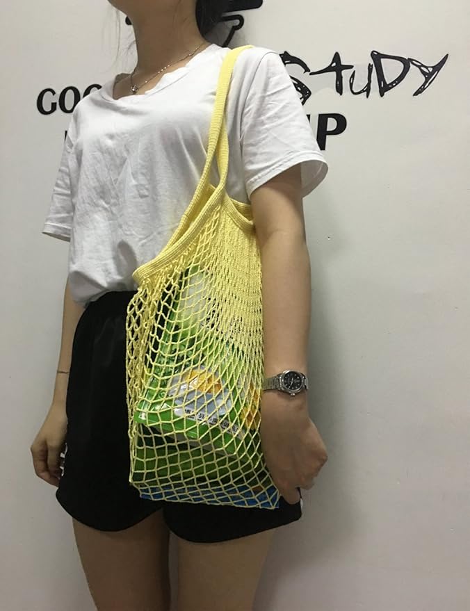 2Pcs Portable Reusable Mesh Cotton Net String Bag Organizer Shopping Tote Handbag Fruit Storage Shopper NEW (beige02 orange02)