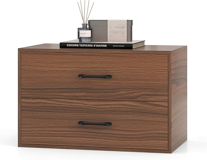 GOFLAME Stackable 2-Drawer Dresser, Wood Horizontal Storage Organizer with Metal Handle & Smooth Sliders, Lateral File Cabinet with Anti-tilt Kit for Bedroom Office, Walnut