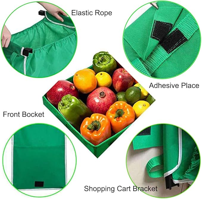 2Pack Reusable Shopping Trolley Bags Grab and Go Bag Collapsible Grocery Tote Bags with Handles, Clip on Shopping Cart As Seen On TV