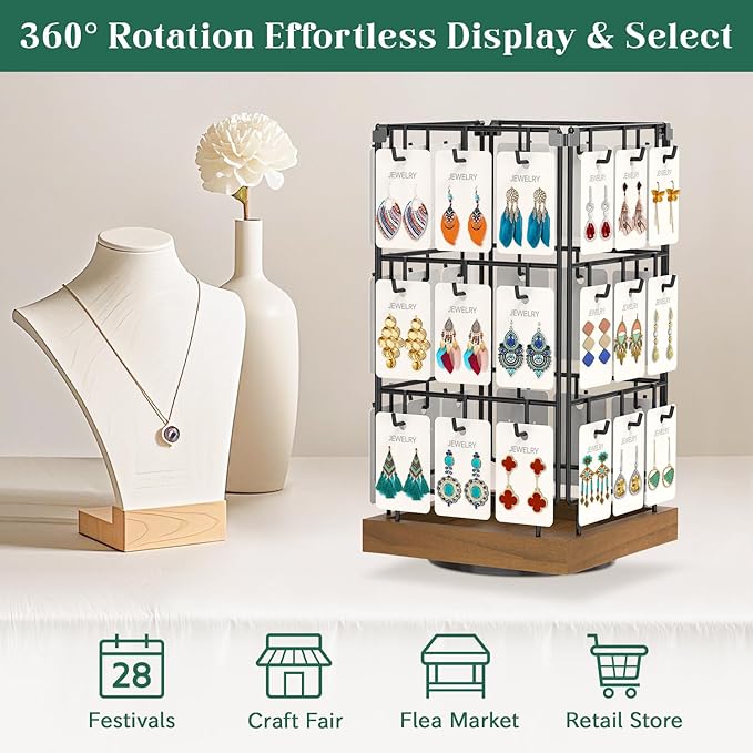 EsLuker.ly Rotating Earring Display Holder Stand for Vendors Events Selling, Large Capacity 36 Hooks Jewelry Rack with Wooden Base for Earring Card Sales, Enhances Retail Visibility(Brown)