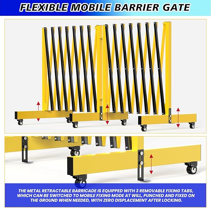 16.8FT Industrial Metal Expandable Barricade，Retractable Traffic Fence with Casters, 270 Degrees Folding Security Gate, Portable Barricade Gate for Construction Area, Traffic Control, Cordon