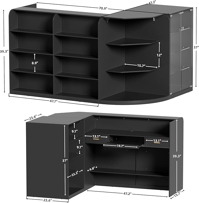 PAKASEPT Reception Desk with Counter for Retail & Checkout,Modern Front Reception Counter with Drawers & Open Shelves,L-Shaped Retail Counter with Storage for Countertop,Beauty Salon,Shop,Bar,Black