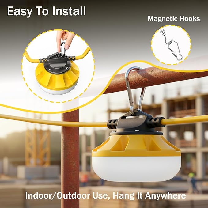 120FT LED Construction String Lights, 12 Bulbs Waterproof Linkable Industrial String Work Lights & Hooks, 5000K Daylight Temporary Lighting for Jobsite Attic Cralspace