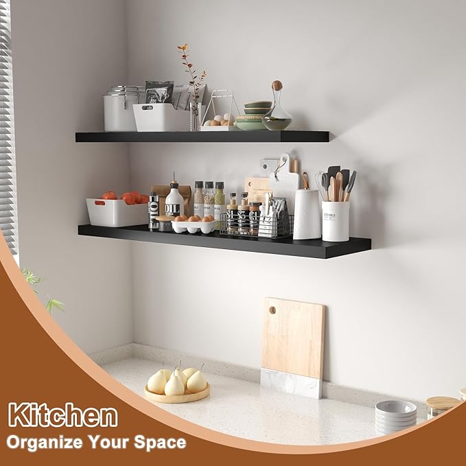12 Inch Deep Floating Shelves for Wall 2 Pack Floating Shelfs Large Storage Space Wall Decor Display Shelf for Bathroom Living Room Bedroom Kitchen 23.8" W x 12" D x 1.2" H Black