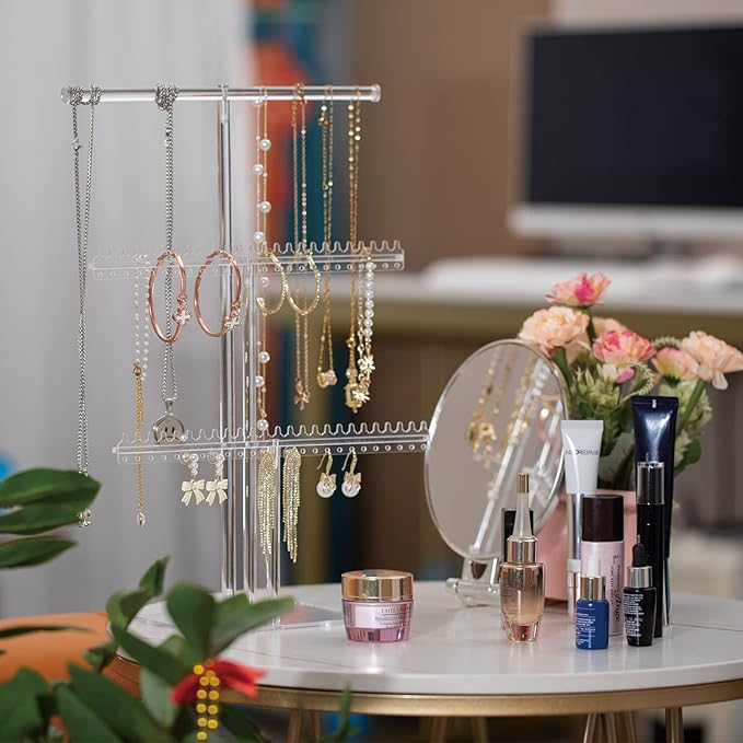 Premium Jewelry Stand, Earring Holder, Necklace Holder Stand, Clear 3-Tier Acrylic Large Storage Jewelry Organizer Stand & Bracelet/Bangles Stand, 48 Earring Holes Display Stands