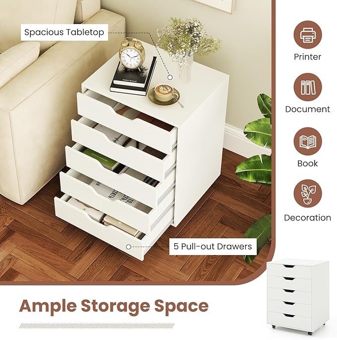 LOKO 5-Drawer Storage Cabinet, Versatile Drawer of Chest with Lockable Wheels, Mobile Office Lateral File Cabinet, for Home Office, Study (White, 16" D x 19.5" W x 25.5" H)