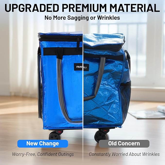 (Medium) Fanwoli Reusable Grocery Bag on Wheels with Upgraded Wrinkle-Resistant Fabric | Enhanced Stability Wheels & Extended Handle | Foldable Shopping Trolley for Laundry, Carries Up to 66 L