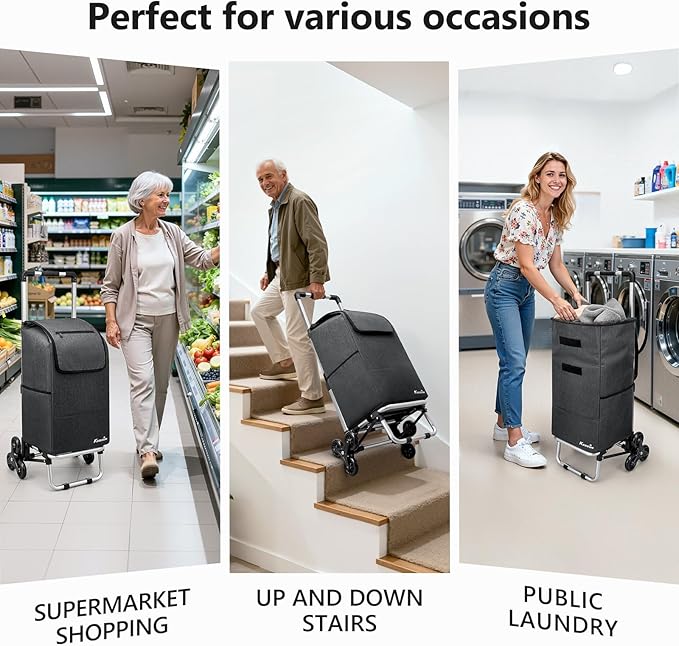KEDSUM 2 in 1 Aluminum Alloy Stair Climbing Cart, 300LBS Grocery Cart on Wheels, Foldable Shopping Carts with Waterproof Oxford Black Bag for Groceries, Lightweight & Durable Aluminum Frame