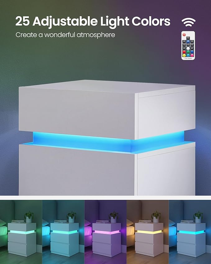 VASAGLE Nightstands with LED Lights, Set of 2, Adjustable Light Colors, Bedside Tables, Side Tables with 3 Drawers, Modern Style, 13.8 x 15.7 x 21.7 Inches, Cloud White ULET799T12
