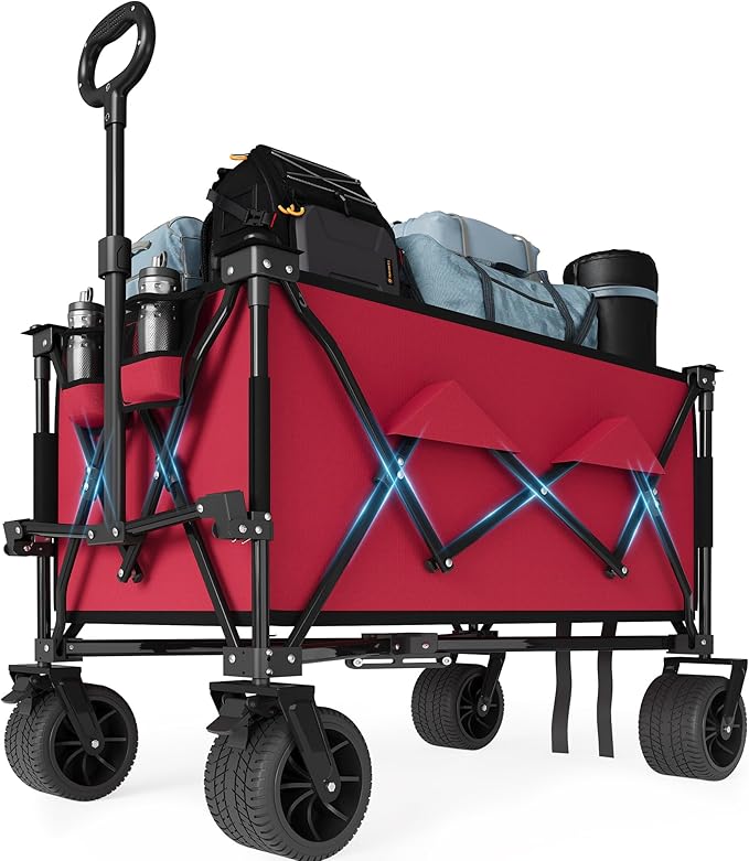 35" Foldable Wagon for Beach with 350lbs Weight Capacity, Heavy Duty 280L Extra Large Collapsible Foldable Wagon for Camping, All Terrain Beach Wagons Extended with Cup Holders for Sand